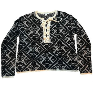 Vintage Piperlime Jacquard Knit Lace-Up Neck Sweater Black/White Women’s Small
